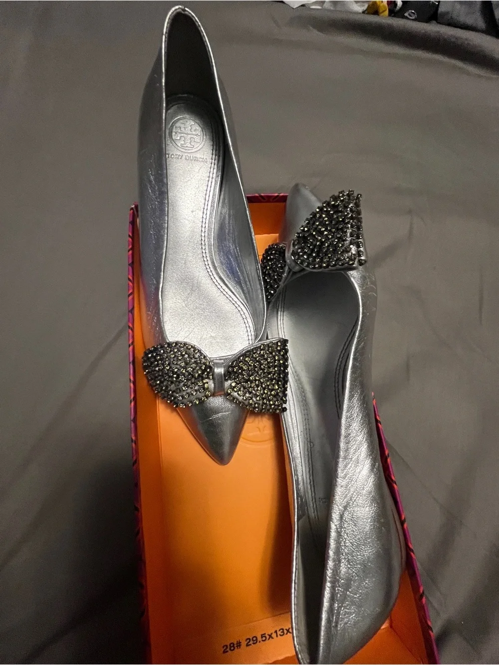 Tory Burch Metallic Silver Pointed Toe Bow Flats with Crystal Bow